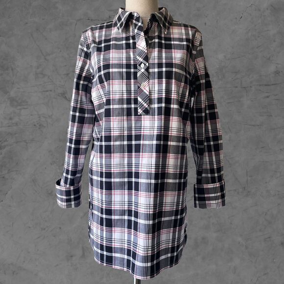 Talbots Plaid Black Red White Tunic Collared Wrinkle Resistant - Womens 8 - Picture 2 of 7